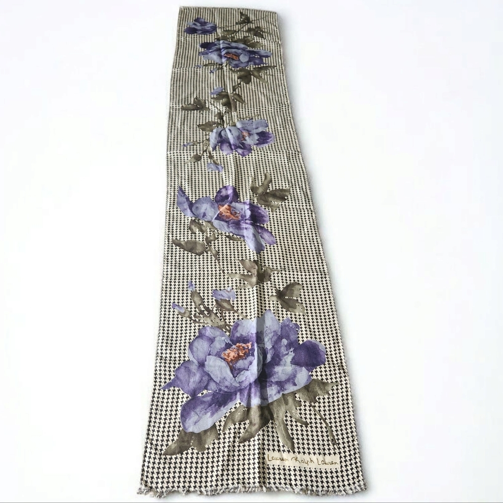 Vintage Ralph Lauren Silk Houndstooth & Floral Long Scarf Purple Flowers 12x52 - Picture 5 of 13